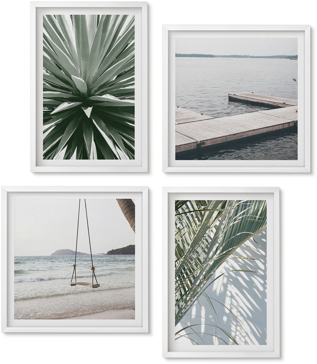 Wallfluent 4-Delige Schilderij Set - Schommel Van Palmbladeren En Houten Brug - 40 x 40 En 40 x 60 - Decoratieve Schilderijen - Wanddecoratie - Hal - Woonkamer Decoratie