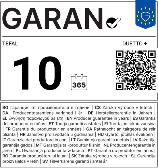 Tefal Duetto+ logo met "10" en "365" garantie.