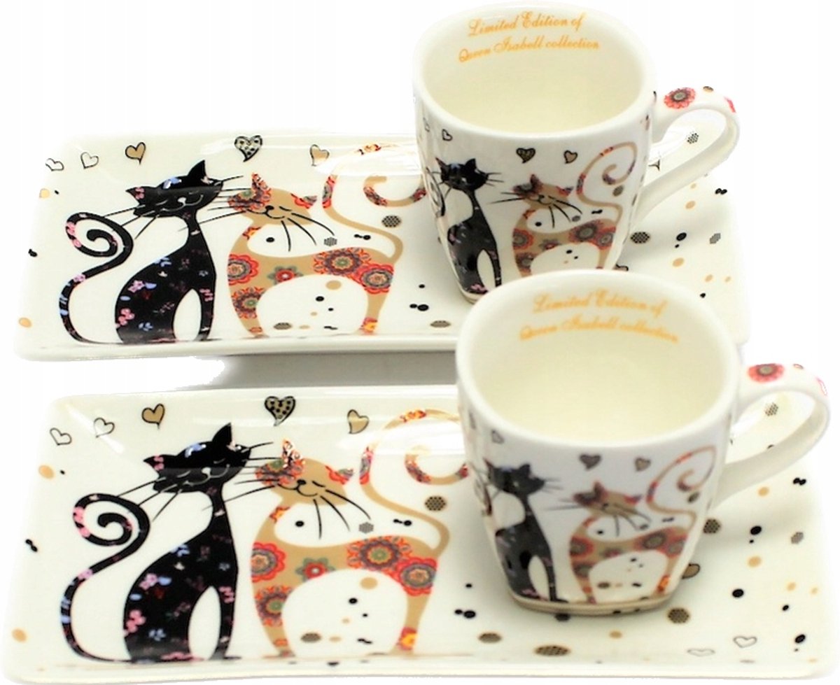 Merkloos Espresso Kopjes Set - 2x 80ml met Kattenmotief