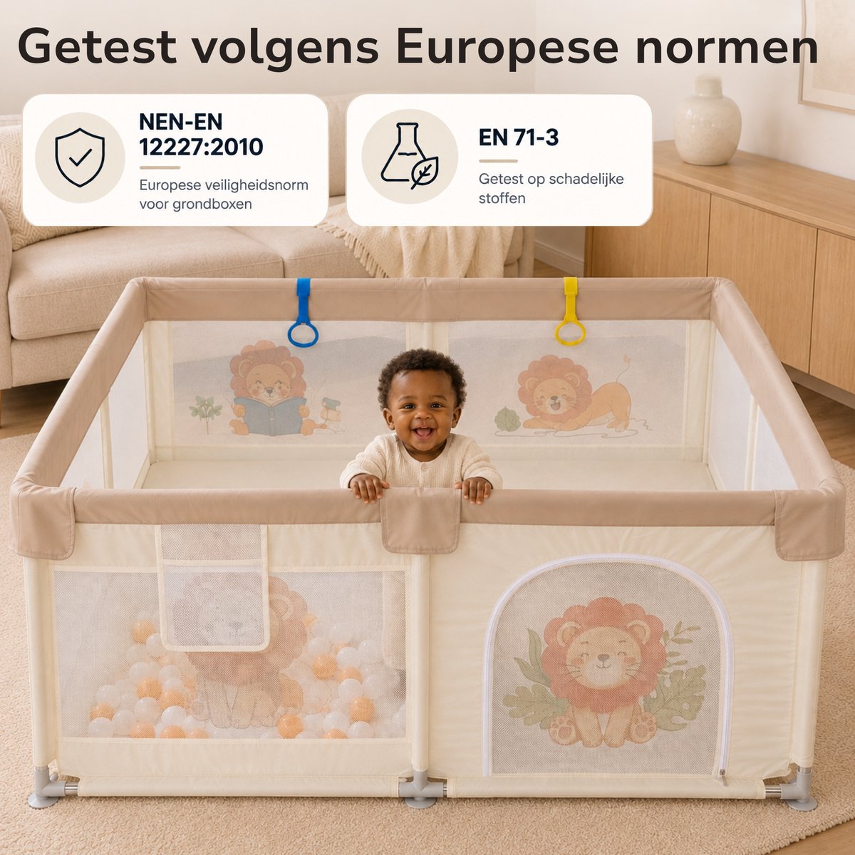 TinyPlay Grondbox Baby met Speelmat & Speelballen - Babybox - Kinderbox - Speelbox - Playpen - Ballenbak - Kruipbox - 120x120x60cm - Beige – foto 4