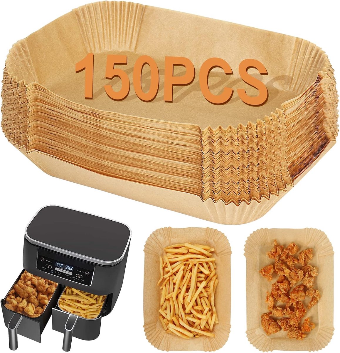 Airfryer bakpapier 150 stuks, 13,5 x 20,5 cm, voor Ninja Dual Zone AF300UK/AF400UK, rechthoekig wegwerppapier, antiaanbaklaag, hittebestendig
