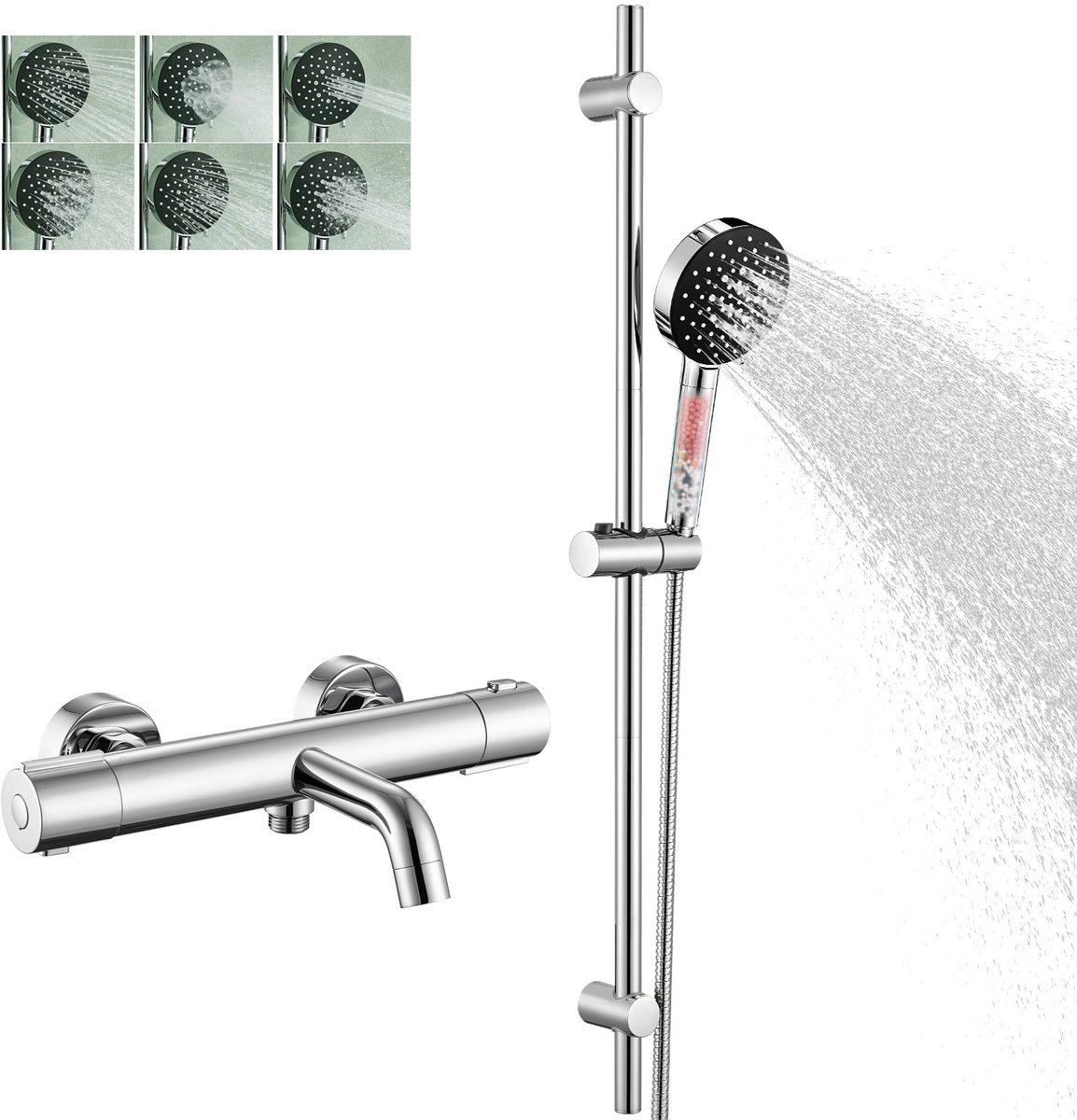 Auralum Max Thermostatische Badkraan - 15 cm - 90 cm Glijstang Doucheset - Douchekop met 4 Filters - 6 Standen - Hoge Druk - Anti-Kalk - RVS Complete Glijstangset - Met CoolTouch technologie - Waterbesparende - Chroom&Zwart