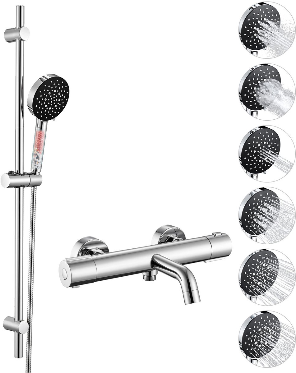Auralum Max Universal Thermostatische Badkraan - 150 mm hartafstand - Met CoolTouch technologie - 90 cm Glijstangset - Douchekop met 4 Filters - 6 Standen Handdouche - Waterbesparend - Chroom&Zwart
