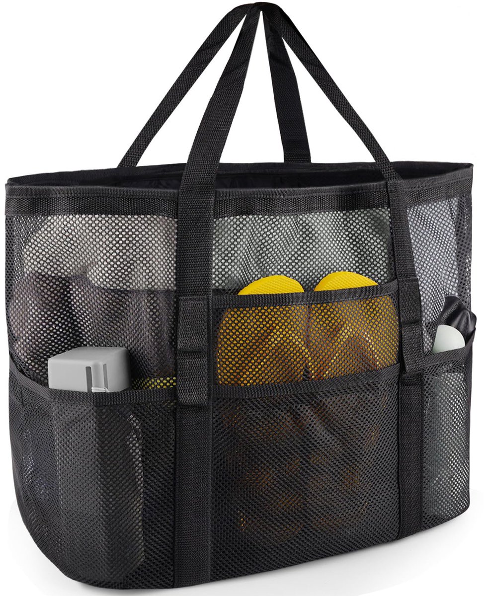 Strandtas - Grote strandtas - Strandtas van mesh - Tas voor zwemspullen - Ideaal voor stranduitjes met het gezin, vakanties en reizen - Zwart