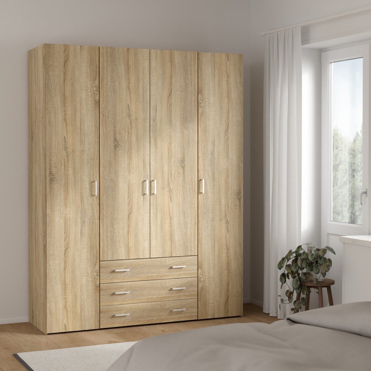 Kledingkast Slaapkamer Naturel - 4-deurs met 3 lades - MDF - 154x50x200cm