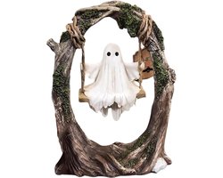 halloween decoratie- halloween- 2025 Leuke Halloween-decoraties met spoken - Schommel met spoken op een boom - Spookbeelden en decoraties - Voor binnen - Buiten - Veranda - Tuin - Terras - Gazon - Bureau - Boekenplankdecoraties（wit-12*6*16）
