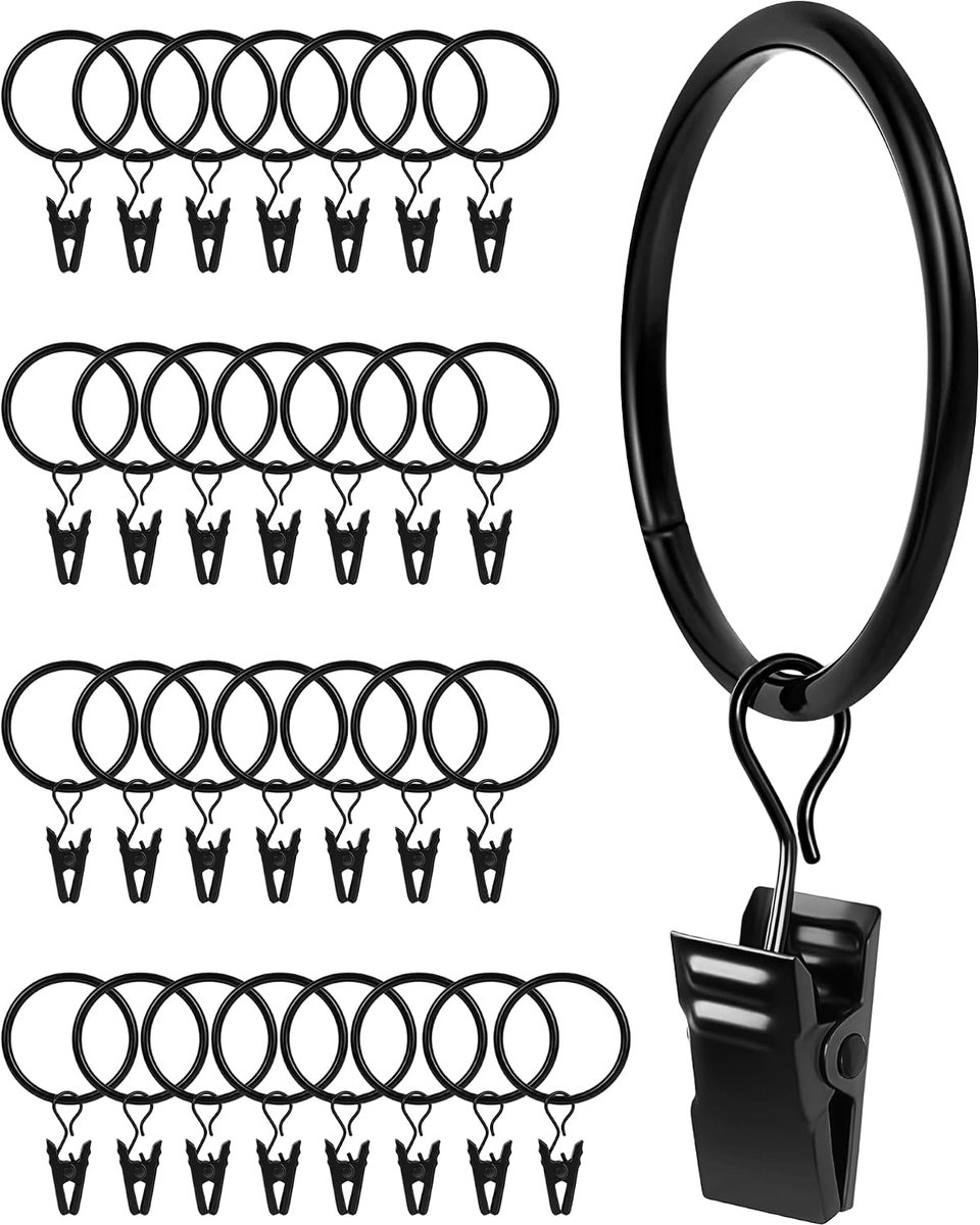Gordijnringen 30 stuks - Zwart met clips - Metalen klemmen - Voor stevige gordijnbevestiging - ShopVlot