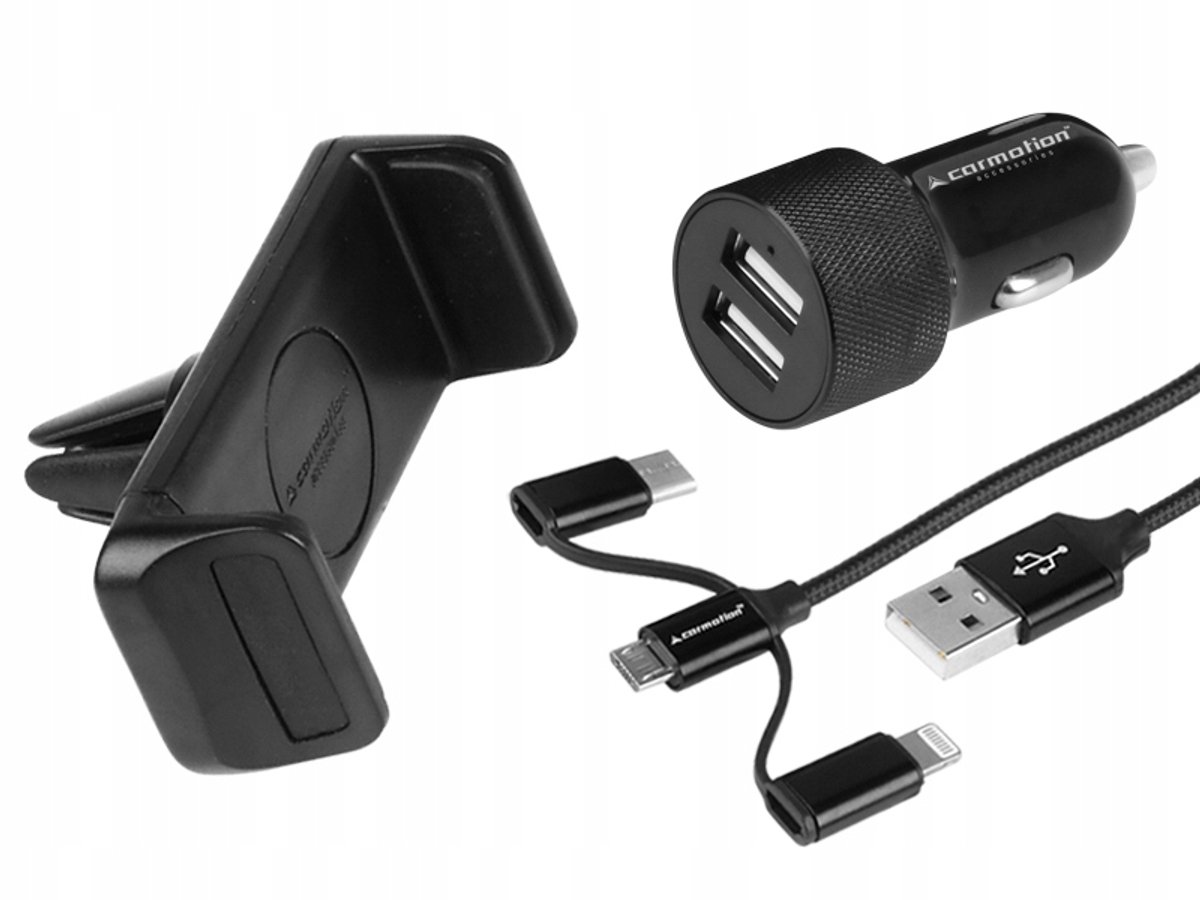 Autolader 2x USB met 3-in-1 kabel (Micro USB, USB-C, Lightning)