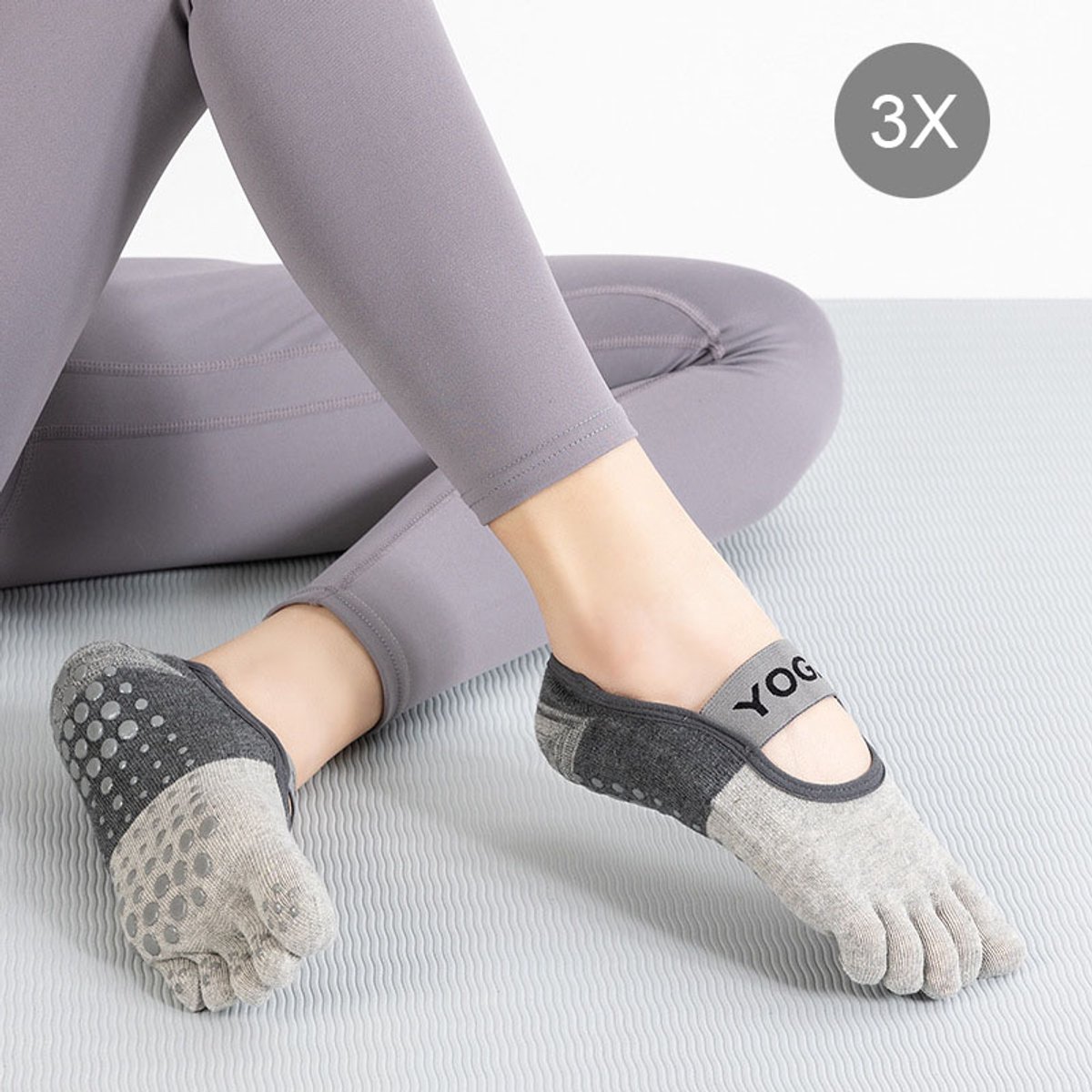 3 Paar Yogasokken - Sportsokken - Teensokken - Antislipsokken - Vloersokken - Pilates Sokken - Geschikt voor Yoga, Ballet, Dans en Barre Training - Grijs