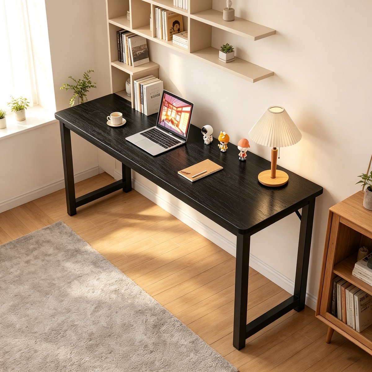 Dubbel rechthoekig bureau kantoorbureau computerbureau studiebureau smal wandbureau geschikt voor thuiswerkplek Afmetingen 100 x 40 x 75 cm zwart wilgenhout