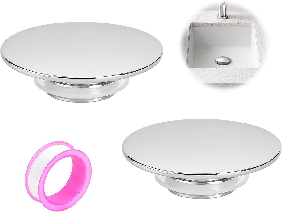 Set van 2 pop-up afvoerpluggen 66 mm - zilverkleurig roestvrij staal - vervang oude pluggen - ShopVlot