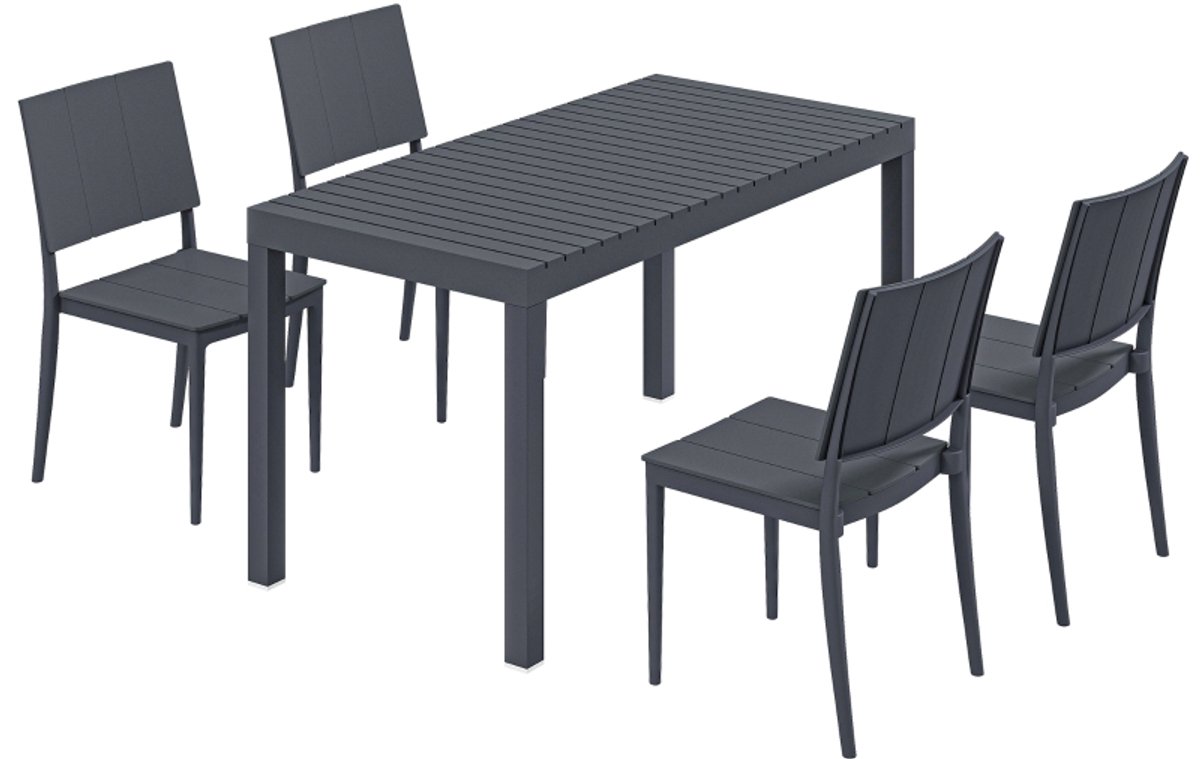 Tuinmeubelset van vijf stuks - 4 stapelstoelen + bijpassende eettafel - metalen frame - donkergrijs