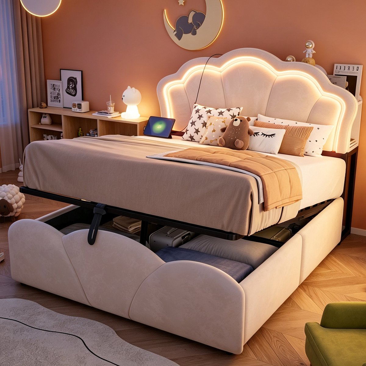 FloraGrace Gestoffeerd Bed 140 x 200 cm Opbergbed Met Ledverlichting En Hoofdbord Met Opbergruimte Fluweel Beige Zonder Matras