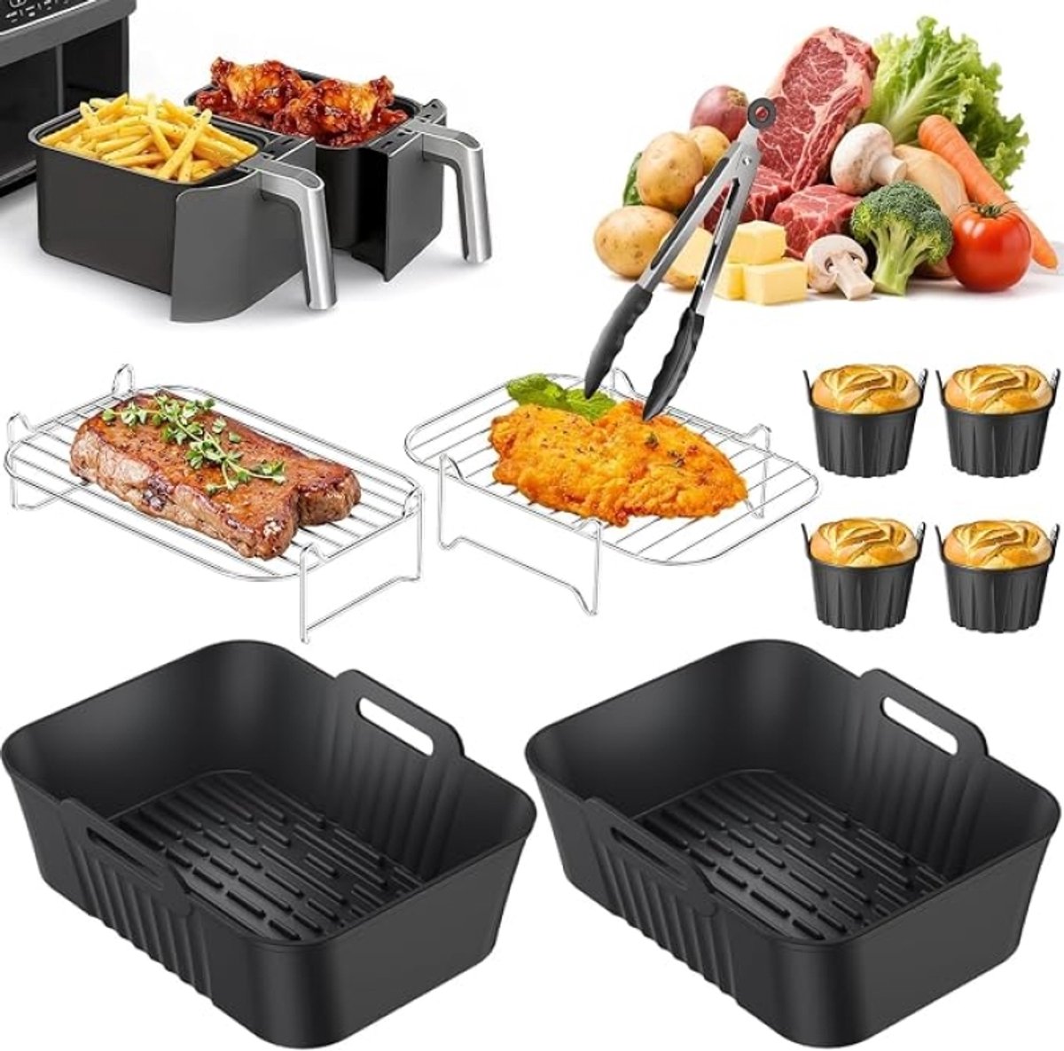 Airfryer Accessoires 9-delig voor Dual Zone Heteluchtfriteuse 7,6-9,5L, Siliconen Bakvormen Grillrooster Broodvorm