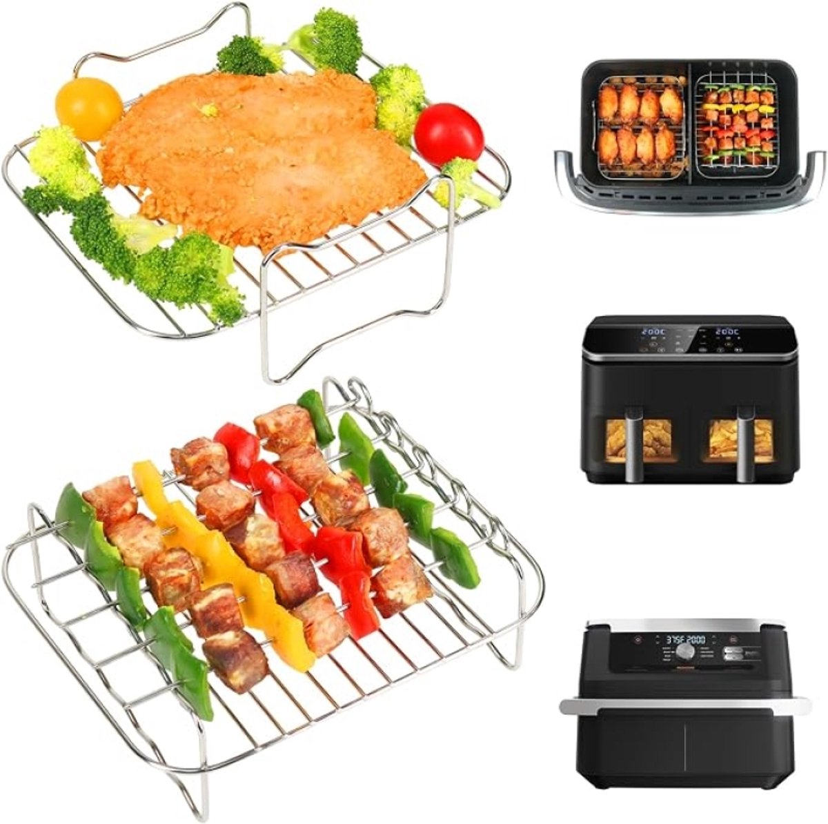 Airfryerrek voor Ninja Foodi AF500UK Flexdrawer Dual Air Fryer 10,4L - 2 Stuks met 5 Kebab Spiesjes - 304 Roestvrijstalen Accessoires