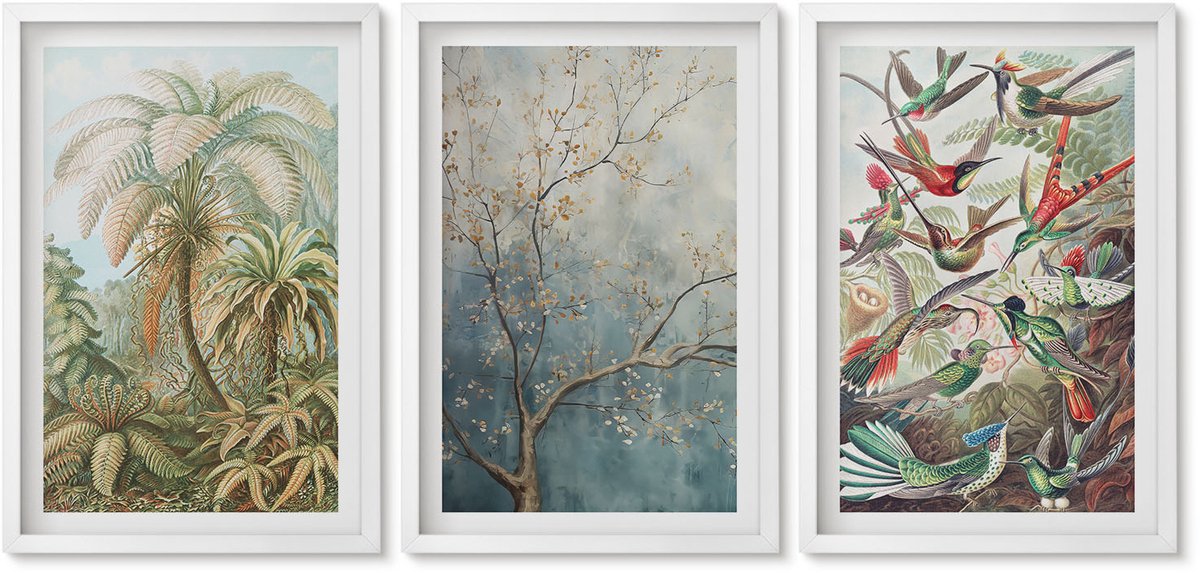 Wallfluent 3-Delige Schilderij Set - Tropische Planten En Kleurrijke Vogels In De Natuur - 40 x 60 - Stijlvolle Muurdecoratie - Slaapkamer - Woonkamer Decoratie