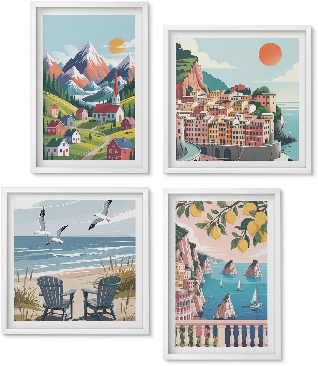Wallfluent 4-Delige Schilderij Set - Kleurrijke Berglandschappen En Kuststeden - 40 x 40 En 40 x 60 - Wanddecoratie - Muurdecoratie - Woonkamer