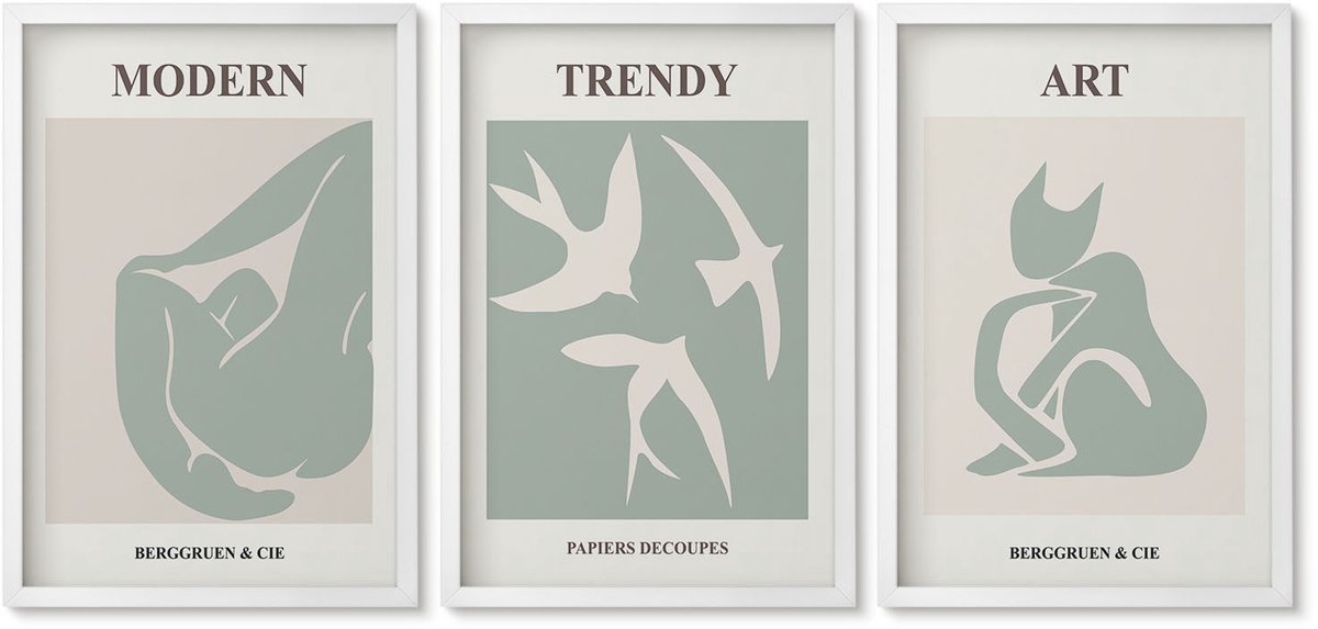 Wallfluent 3-Delige Schilderij Set - Abstracte Figuren Van Henri Matisse In Ingetogen Kleuren. - 40 x 60 - Wanddecoratie - Moderne Interieurdecoratie - Decoratieve Schilderijen