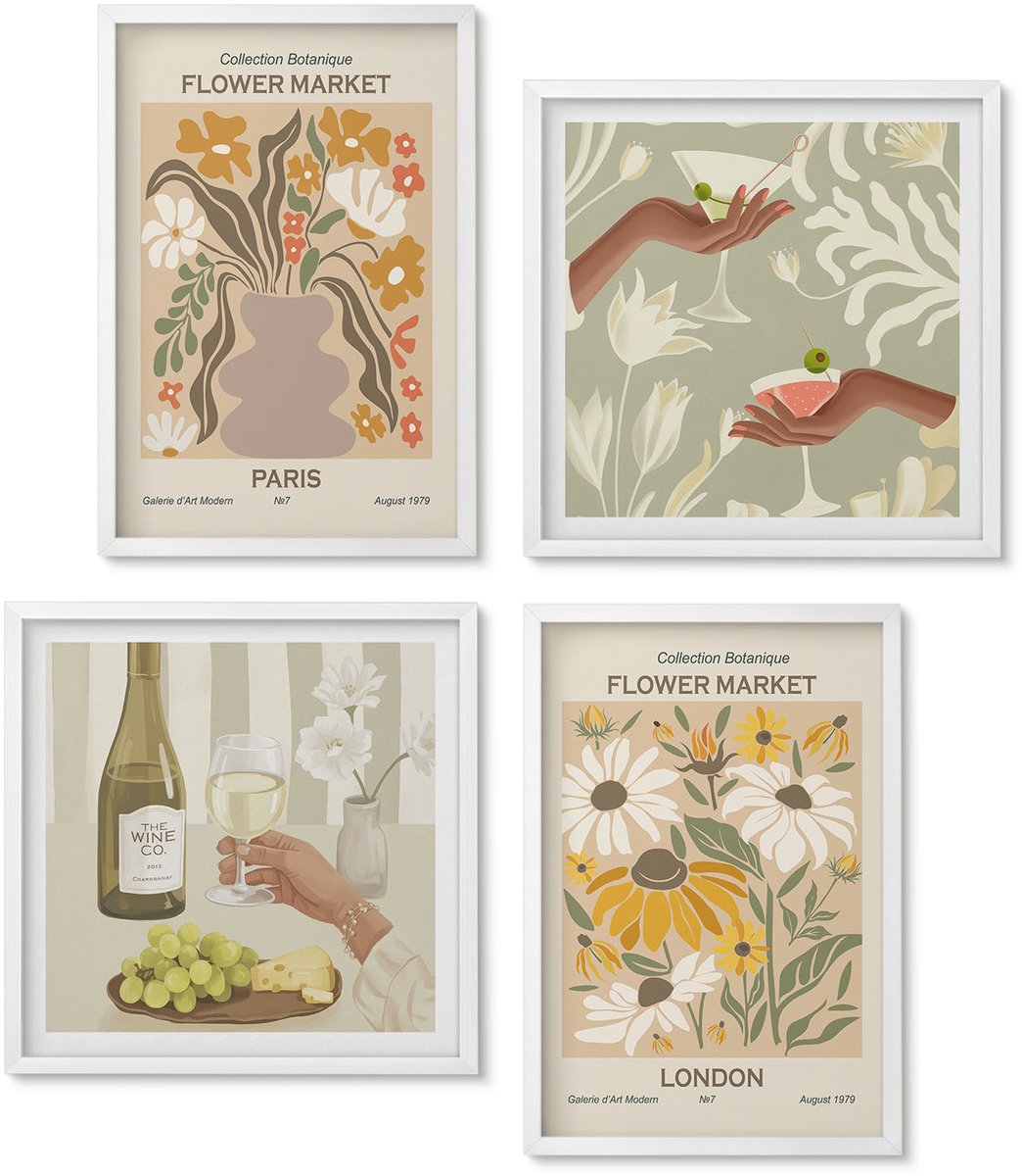 Wallfluent 4-Delige Schilderij Set - Bloemenpatronen Uit Amsterdam, Parijs En Londen - 40 x 40 En 40 x 60 - Wanddecoratie - Schilderijen Set - Interieur - Muurdecoratie