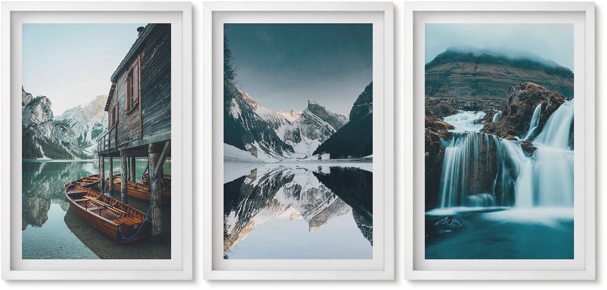 Wallfluent 3-Delige Schilderij Set - Berglandschap Met Een Waterval En Een Meer - 40 x 60 - Wanddecoratie - Muurdecoratie - Moderne Interieurdecoratie - Woonkamer Decoratie