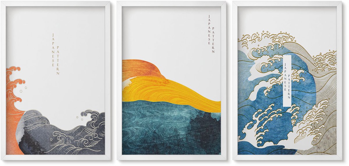 Wallfluent 3-Delige Schilderij Set - Golven In Japanse Grafische Stijl - 40 x 60 - Wanddecoratie - Muurdecoratie - Woonkamer - Woonkamer Decoratie