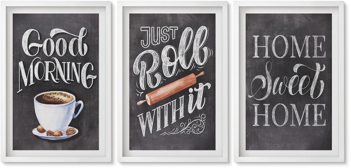 Wallfluent 3-Delige Schilderij Set - Home Keuken Motieven Schoolbord Lettering - 40 x 60 - Stijlvolle Wanddecoratie - Interieur