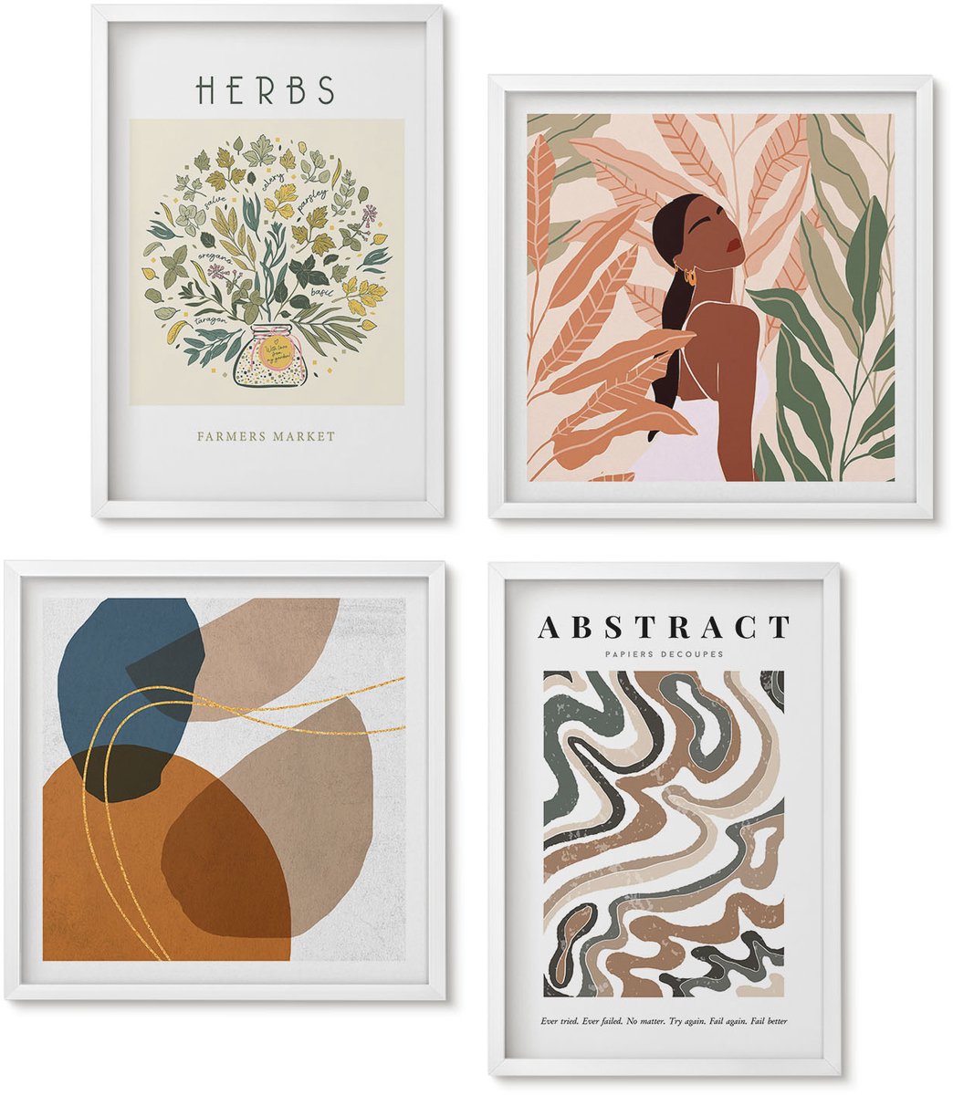 Wallfluent 4-Delige Schilderij Set - Boho-Esthetiek, Pastelkleurige Minimalistische Posters - 40 x 40 En 40 x 60 - Wanddecoratie - Schilderijen Set - Kantoor - Woonkamer Decoratie