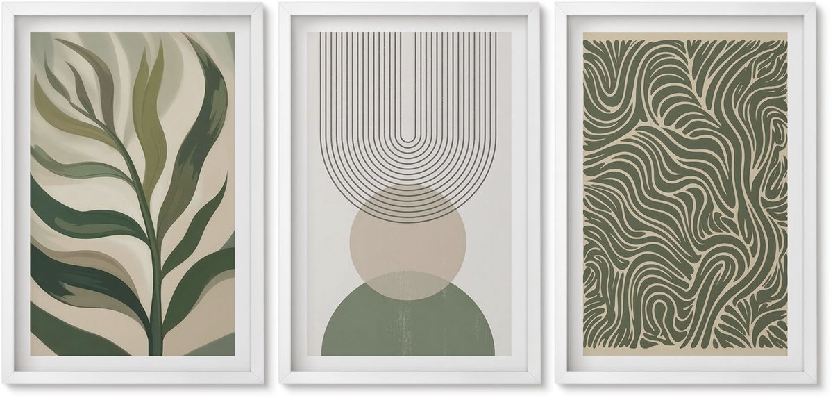 Wallfluent 3-Delige Schilderij Set - Abstracte Bladeren En Geometrische Vormen - 40 x 60 - Wanddecoratie - Moderne Interieurdecoratie - Decoratieve Schilderijen