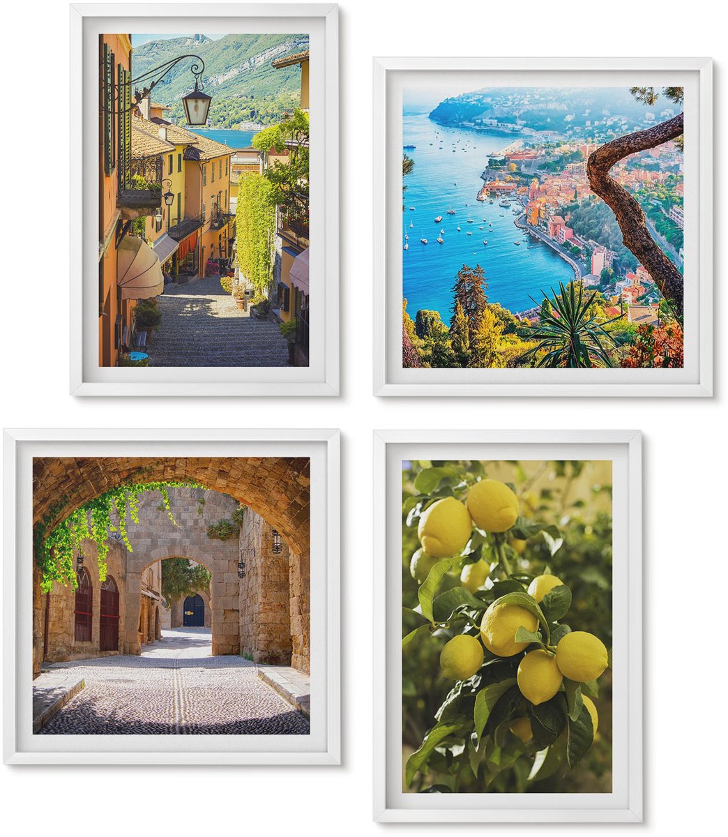 Wallfluent 4-Delige Schilderij Set - Schilderachtige Straatjes Langs De Kust, Uitzicht Op De Zee En Citroenen. - 40 x 40 En 40 x 60 - Wanddecoratie - Schilderijen Set - Kantoor