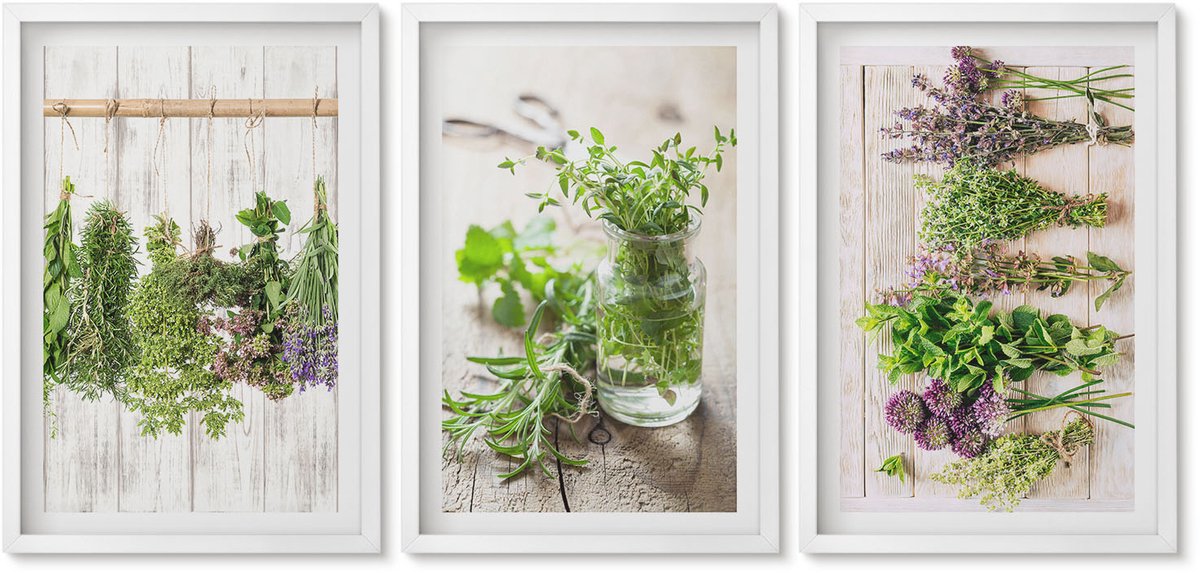 Wallfluent 3-Delige Schilderij Set - Kruiden En Planten Drogen Voor In De Keuken - 40 x 60 - Decoratieve Muurdecoratie - Slaapkamer