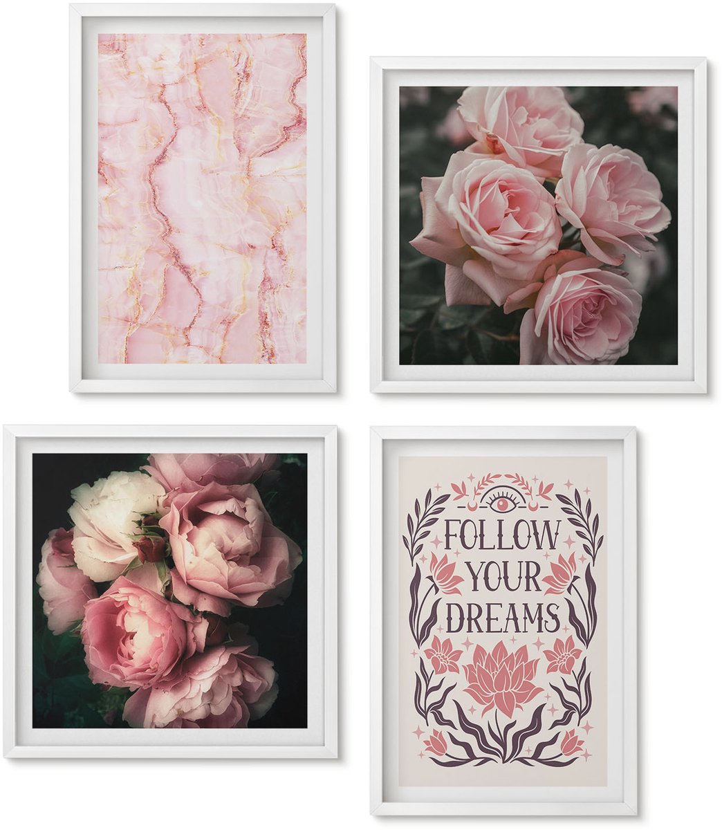 Wallfluent 4-Delige Schilderij Set - Vintage Rozen Marmeren Inscriptie Over Dromen - 40 x 40 En 40 x 60 - Muurdecoratie - Interieur Decoratie - Woonkamer Decoratie
