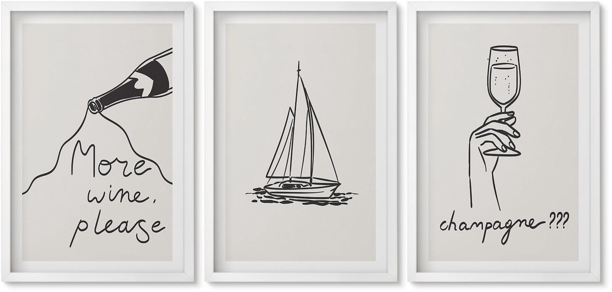 Wallfluent 3-Delige Schilderij Set - Wijn Zeilboot Champagneglas Lineaire Stijl - 40 x 60 - Muurdecoratie - Interieur Decoratie - Woonkamer Decoratie