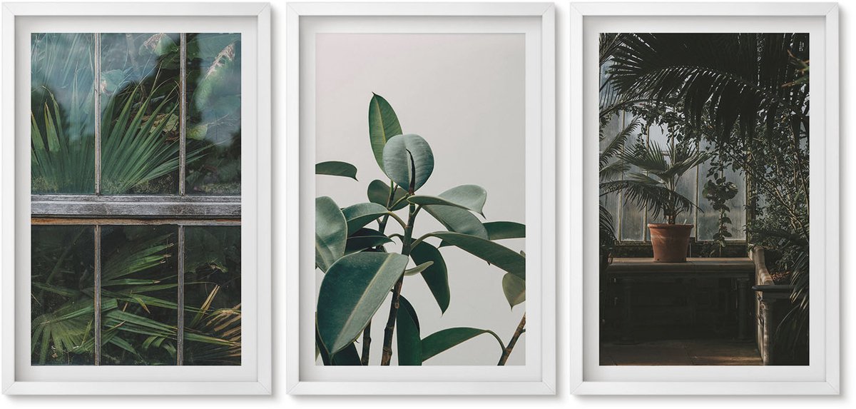 Wallfluent 3-Delige Schilderij Set - Groene Bladeren Op Het Raam En Planten In Het Interieur. - 40 x 60 - Moderne Wanddecoratie - Woonkamer