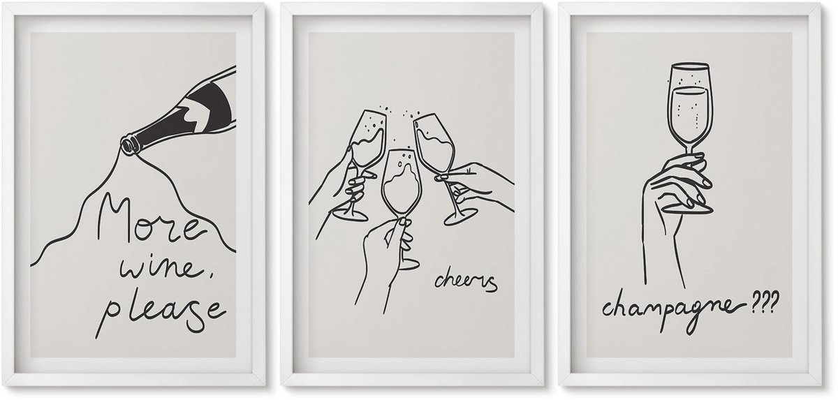 Wallfluent 3-Delige Schilderij Set - Vrolijke Momenten Met Wijn En Champagne - Lijntekening - 40 x 60 - Decoratieve Muurdecoratie - Slaapkamer - Wanddecoratie