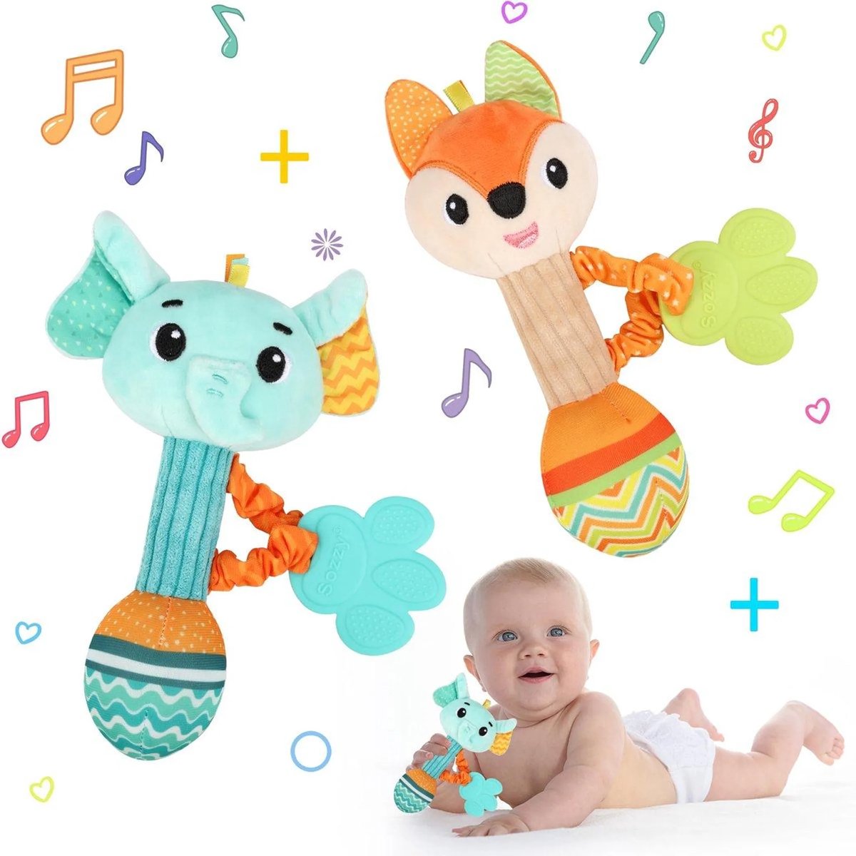 Casalora Baby Rammelaar Set 2-Pack – Babyspeelgoed 0-12 Maanden – Sensorisch Grijpspeelgoed – Stimuleert Gehoor en Zintuigen – Olifant & Vos