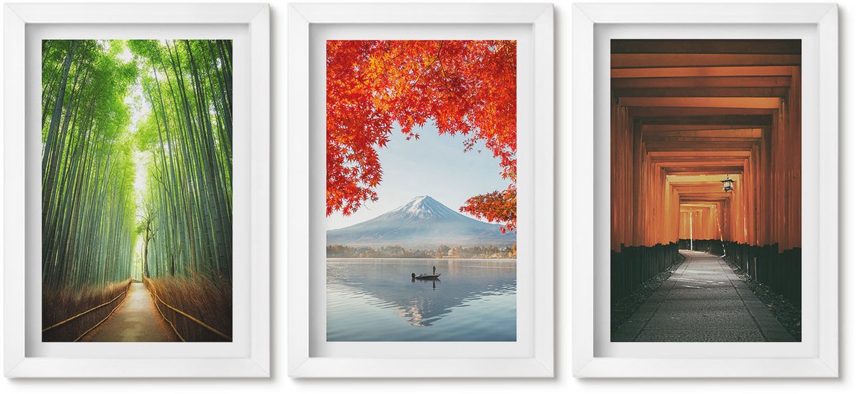 Wallfluent 3-Delige Schilderij Set - Bamboebos, Mount Fuji, Torii-Pad, Landschappen Van Japan - 20 x 30 - Decoratieve Schilderijen - Woonkamer - Interieur - Woonkamer Decoratie