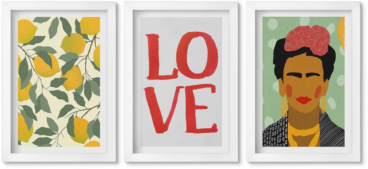 Wallfluent 3-Delige Schilderij Set - Citroenen Liefde Lettering Geschilderd Portret Van Frida Kahlo - 20 x 30 - Stijlvolle Wanddecoratie - Interieur - Moderne Wanddecoratie