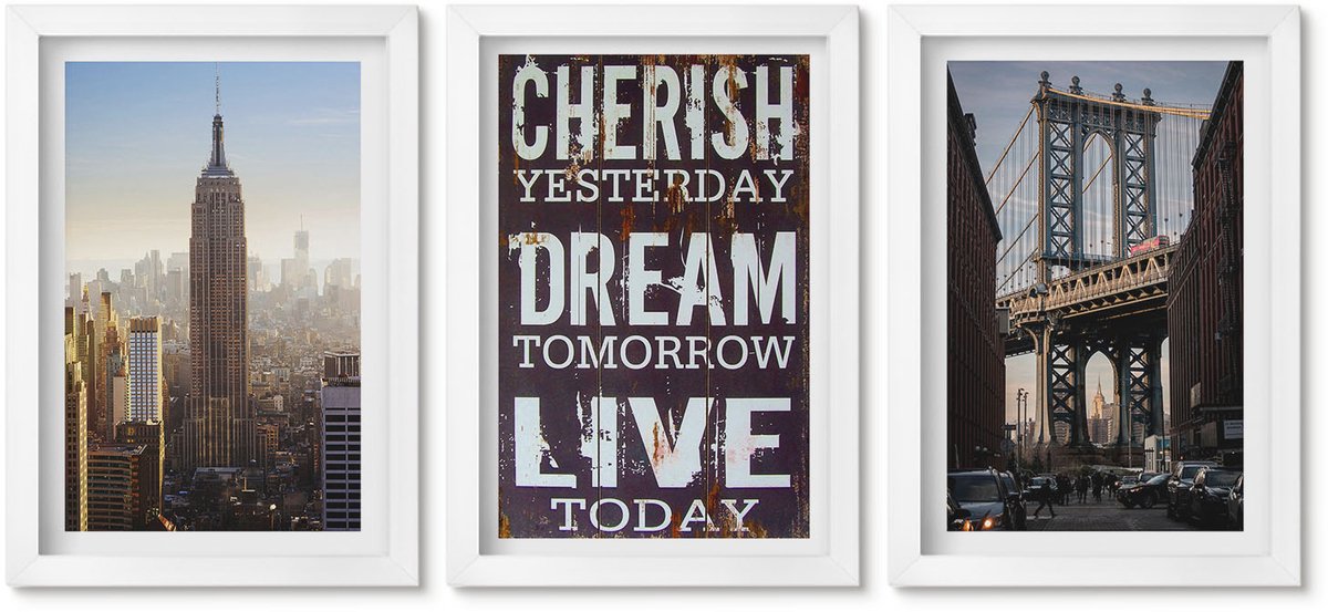 Wallfluent 3-Delige Schilderij Set - Landschappen Van New York City Met Een Inspirerend Citaat - 20 x 30 - Muurdecoratie - Interieur Decoratie - Stijlvolle Muurdecoratie