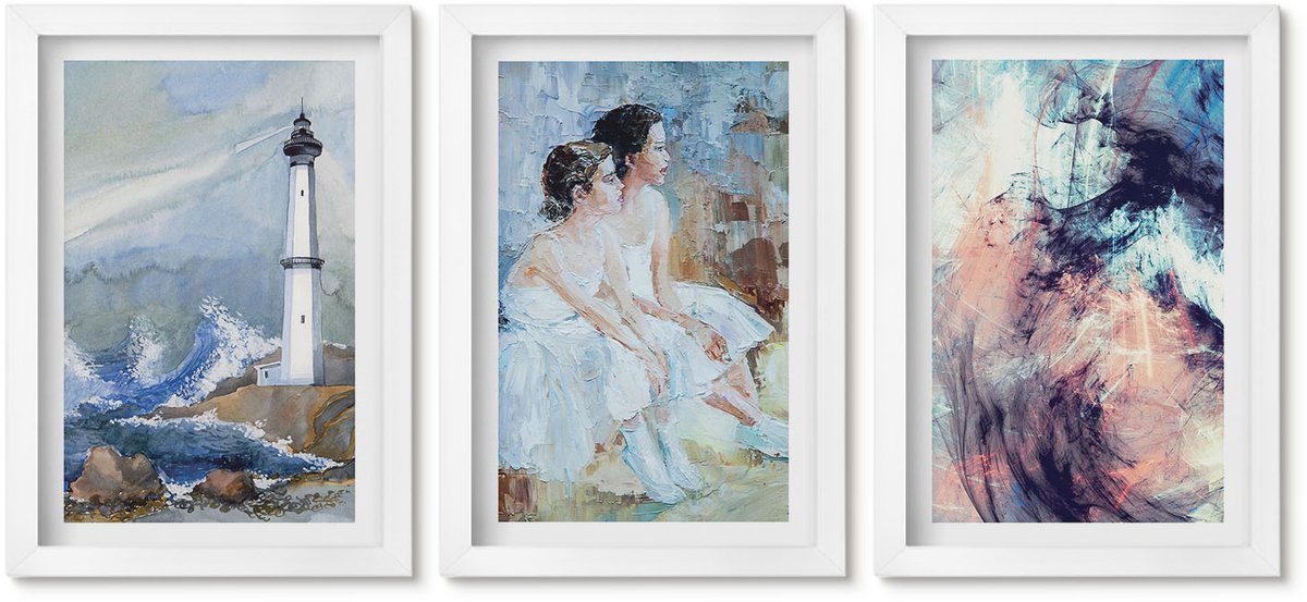 Wallfluent 3-Delige Schilderij Set - Abstracte Geschilderde Vuurtoren En Dansers - 20 x 30 - Muurdecoratie - Schilderijen Set - Woonkamer - Stijlvolle Muurdecoratie