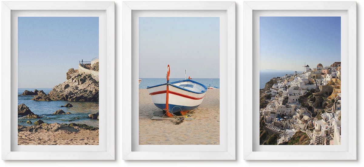 Wallfluent 3-Delige Schilderij Set - Uitzicht Op Zee Met Boten En Witte Huizen In Griekenland - 20 x 30 - Muurdecoratie - Schilderijen Set - Woonkamer - Decoratieve Schilderijen