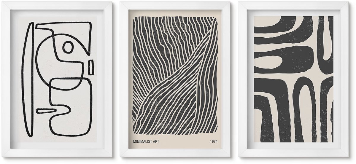 Wallfluent 3-Delige Schilderij Set - Abstracte Patronen Met Lijnen En Texturen Op Een Lichte Achtergrond. - 20 x 30 - Moderne Wanddecoratie - Slaapkamer - Muurdecoratie