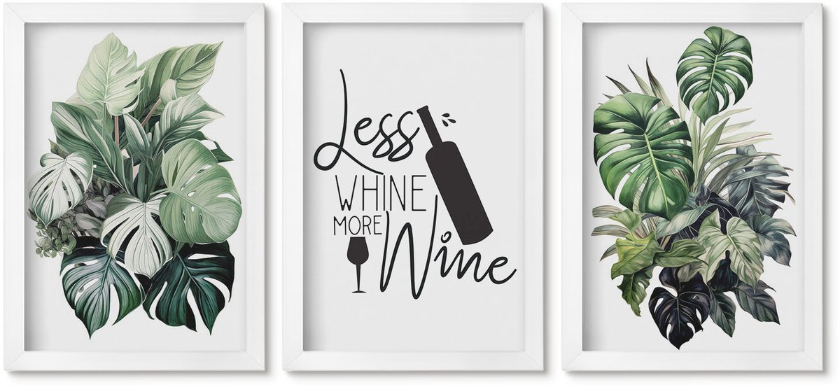 Wallfluent 3-Delige Schilderij Set - Groene Plantenbladeren Met Het Opschrift "Wijn". - 20 x 30 - Decoratieve Schilderijen - Woonkamer - Interieur - Interieur Decoratie