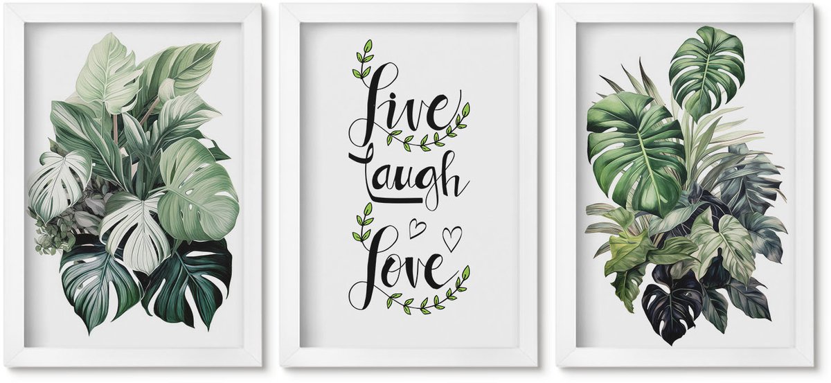 Wallfluent 3-Delige Schilderij Set - Bladrijke Planten Met De Woorden Leef, Lach, Houd Van - 20 x 30 - Muurdecoratie - Wanddecoratie - Hal - Woonkamer Decoratie