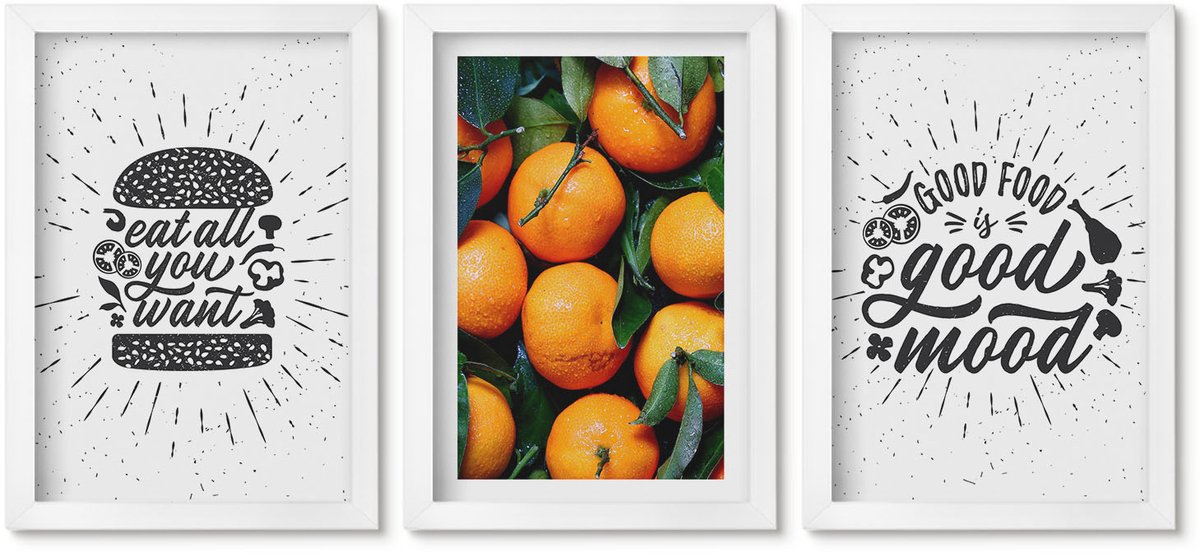 Wallfluent 3-Delige Schilderij Set - Keukenmotieven En Sappige Sinaasappels - 20 x 30 - Stijlvolle Muurdecoratie - Slaapkamer - Wanddecoratie