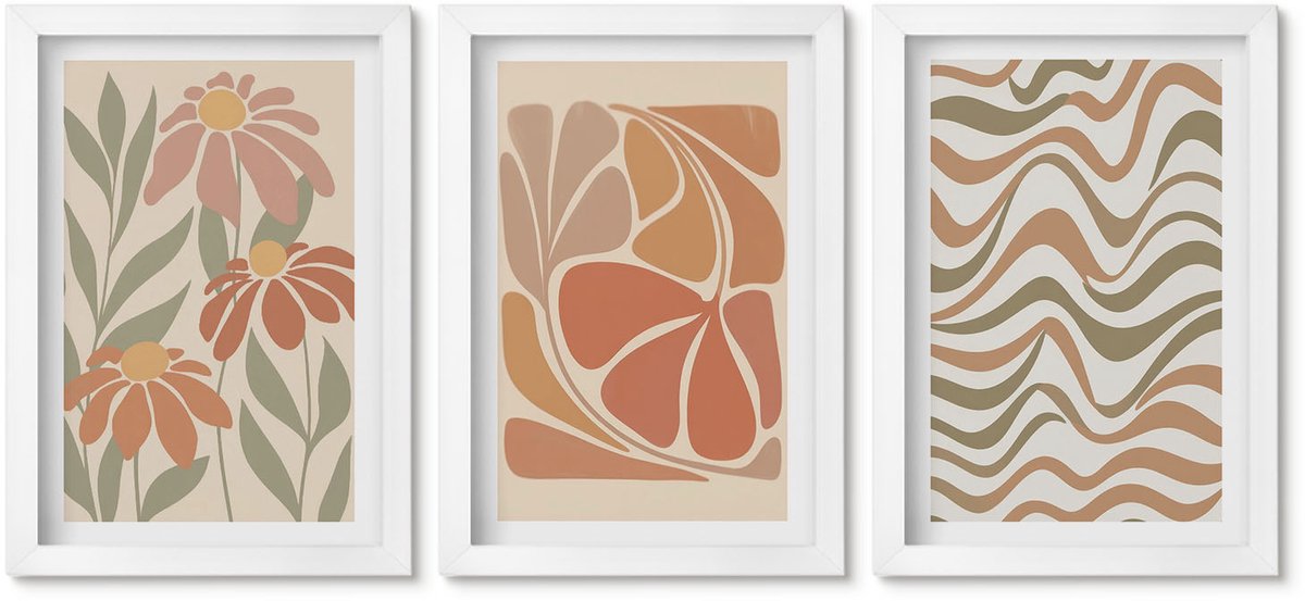 Wallfluent 3-Delige Schilderij Set - Pastelkleurige Bloemen En Abstracte Patronen - 20 x 30 - Decoratieve Schilderijen - Wanddecoratie - Hal - Stijlvolle Muurdecoratie