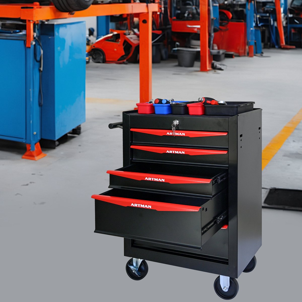 REDOM - Gereedschapskar - 5 lades - afsluitbaar met kogellagergeleiders - met wielen en zijgreep - garage en werkplaats - staal - Zwart en Rood - 60 x 33 x 77,5 cm