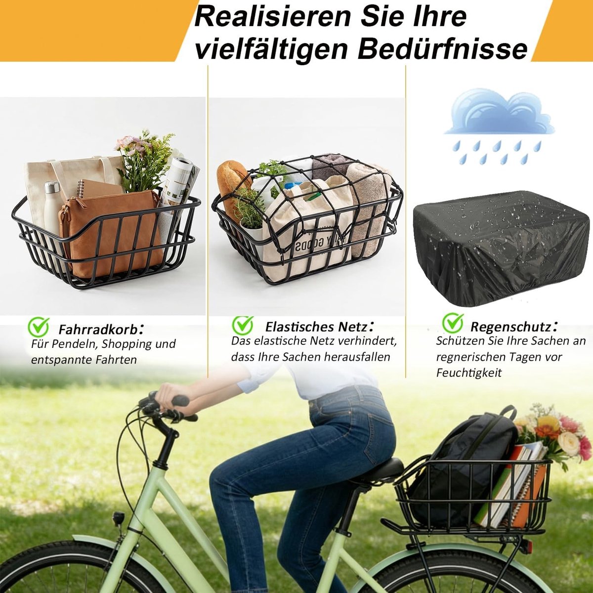 Fietsmand Achter - Zwart - 40 x 32 x 17 cm - Robuuste Metaalconstructie met Bagagenet en Regenbescherming - Voor Fietsen en E-Bikes