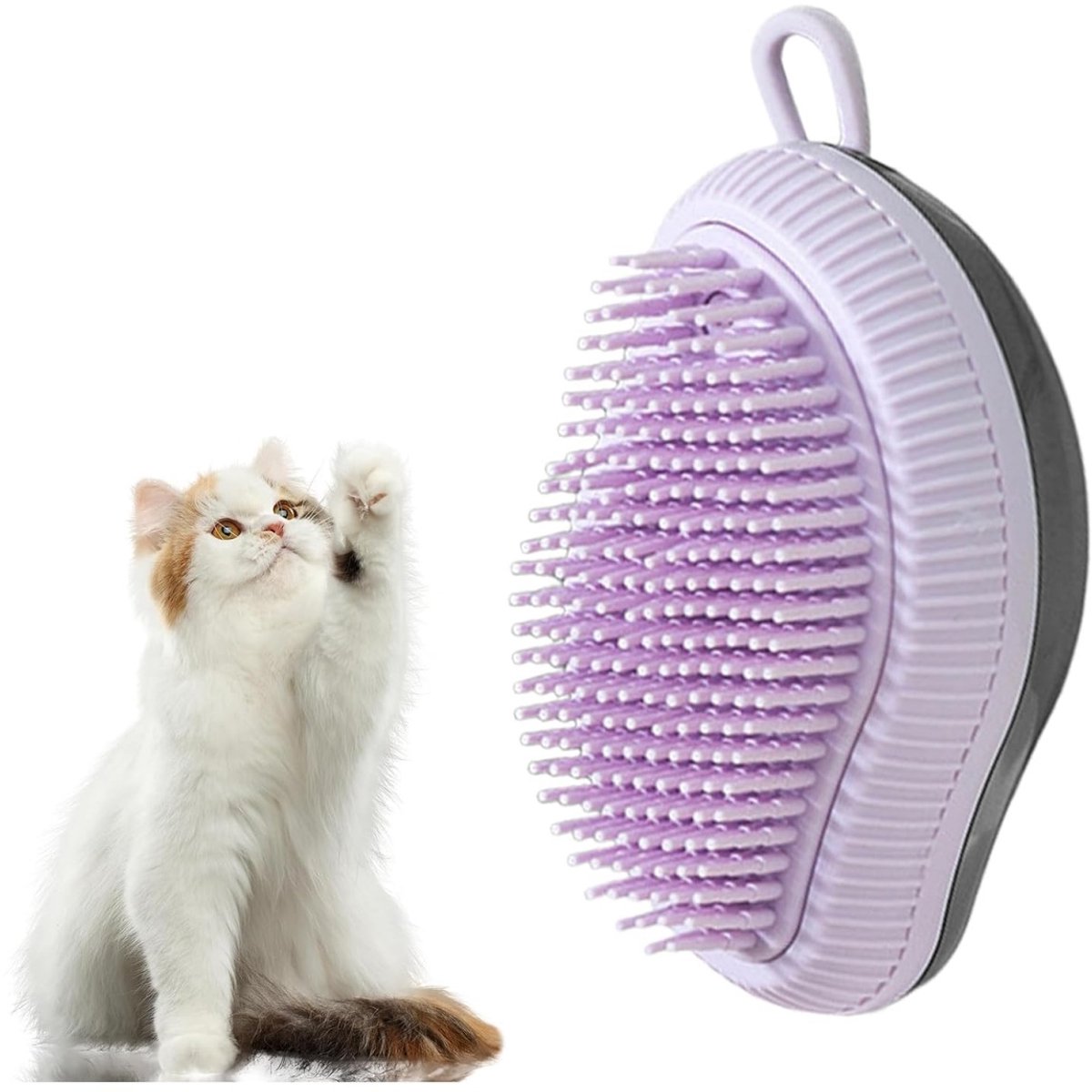 carmdering -Honden- en Kattenbadborstel 1 Stuk - Shampoo Borstel met Zeepdispenser - Massageborstel voor Huisdieren met Zachte Borstelpunten - Voor Baden en Vachtverzorging - Mango-vorm - Paars