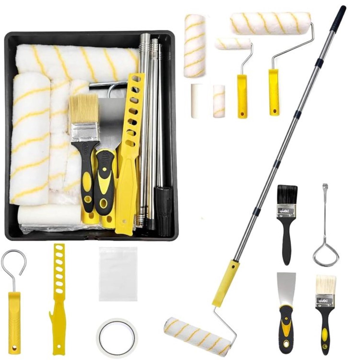 Verfroller Set met Uitschuifbare Steel - Complete Schilderskit met 9 inch en 4 inch Rollers, Penseel, Verfbak en Afplaktape - voor Muurverf