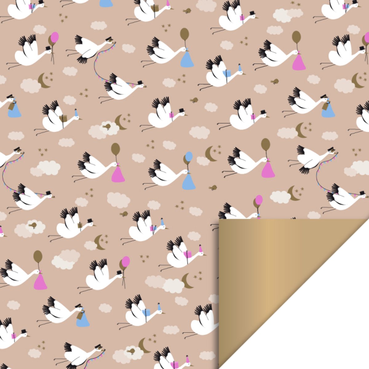 Het Inpakhuis - Inpakpapier - Kadopapier - Cadeaupapier - Baby Bird Beige - Goud - Geboorte - Kraamcadeau - Babyshower - Ooievaar - 50cm x 3mtr